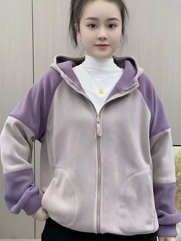 Γυναικείο φούτερ φλίς με κουκούλα και φερμουάρ, πάνελ patchwork, ύφασμα polar fleece, μίξη βαμβακιού-πολυεστέρα, χαλαρή γραμμή