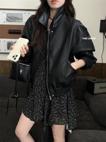 Dámska PU kožená bunda so stojacim golierom, zips, dlhé rukávy, jeseň 2025