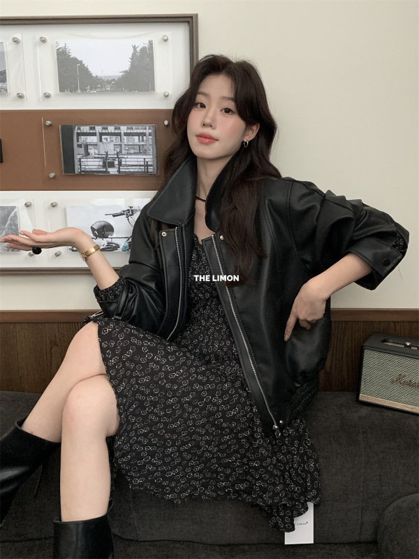 Dámska PU kožená bunda so stojacim golierom, zips, dlhé rukávy, jeseň 2025