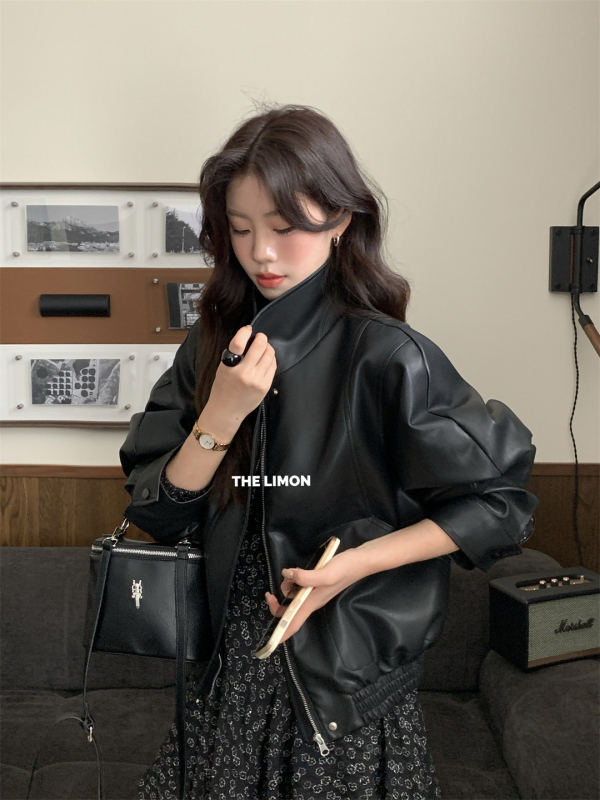 Dámska PU kožená bunda so stojacim golierom, zips, dlhé rukávy, jeseň 2025