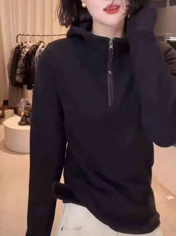 Hanorac damă din bumbac cu glugă, croială lejeră, mâneci lungi, material subțire, primăvara 2025