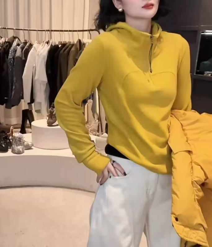 Hanorac damă din bumbac cu glugă, croială lejeră, mâneci lungi, material subțire, primăvara 2025