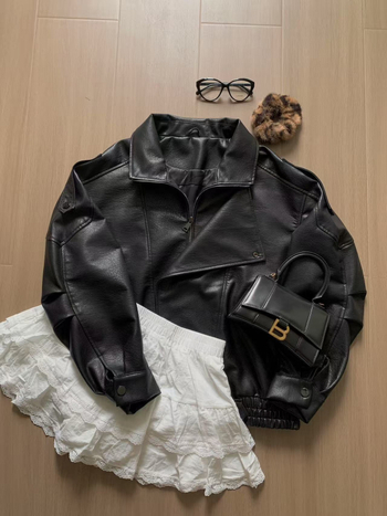 Kožená bunda z umelej kože (PU) s V-krkom, zips, voľný strih