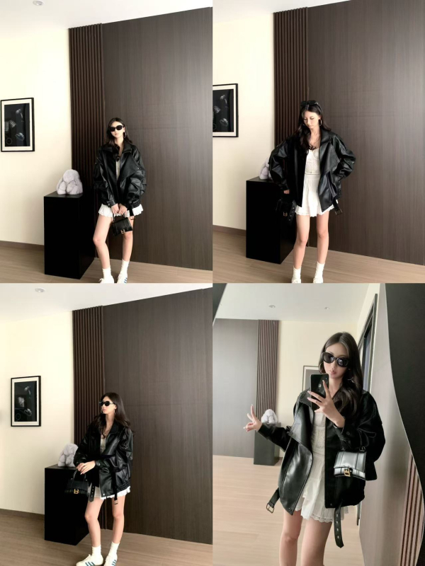 Kožená bunda z umelej kože (PU) s V-krkom, zips, voľný strih