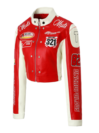 Moteriška PU odinė moto striukė su stovinčia apykakle, užtrauktukas, ilgos rankovės, nugaros 3D siuvinėjimas