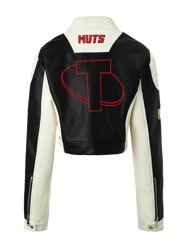 Sieviešu PU ādas moto jaka ar stāvošu apkakli, rāvējslēdzējs, garas piedurknes, aizmugurē 3D izšuvums