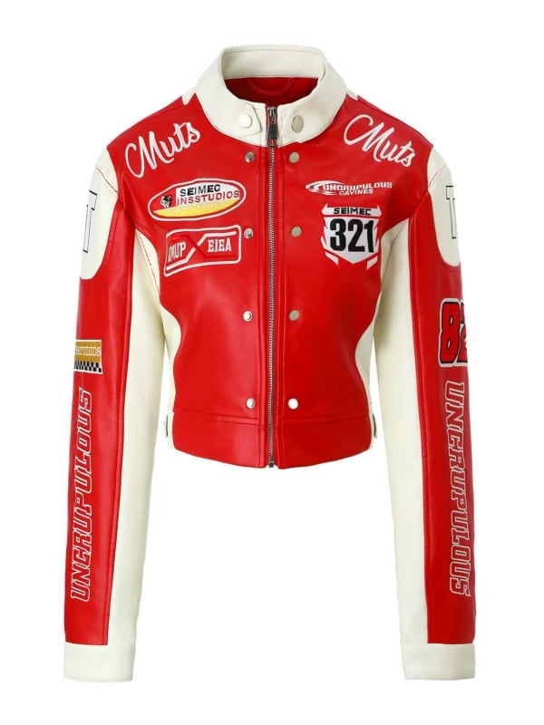 Moteriška PU odinė moto striukė su stovinčia apykakle, užtrauktukas, ilgos rankovės, nugaros 3D siuvinėjimas