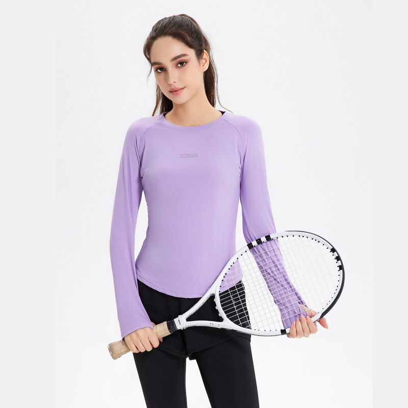 Γυναικειό μακρύ μανίκί αθλητικό τόπ για yoga και τρέξιμο, πολυεστέρας, Slim Fit, στρογγυλή λαιμόκοψη, κανονικό μήκος (Polyester • Slim Fit • Round Neck • Regular Length)