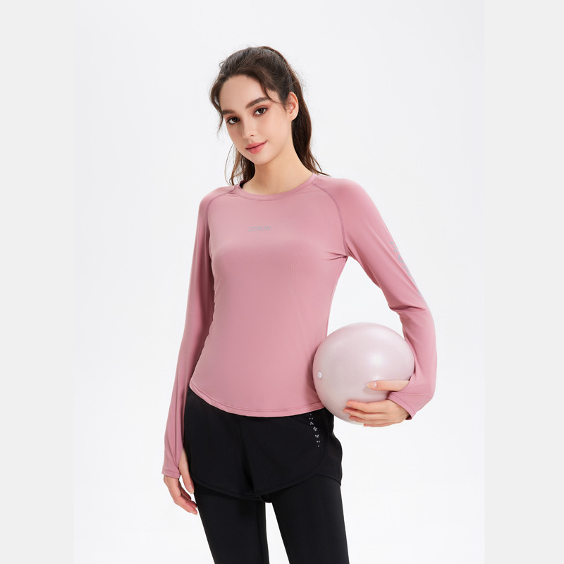 Γυναικειό μακρύ μανίκί αθλητικό τόπ για yoga και τρέξιμο, πολυεστέρας, Slim Fit, στρογγυλή λαιμόκοψη, κανονικό μήκος (Polyester • Slim Fit • Round Neck • Regular Length)