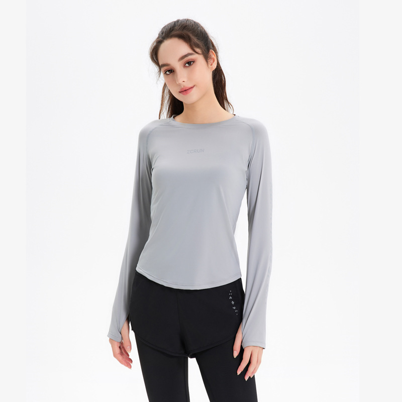 Γυναικειό μακρύ μανίκί αθλητικό τόπ για yoga και τρέξιμο, πολυεστέρας, Slim Fit, στρογγυλή λαιμόκοψη, κανονικό μήκος (Polyester • Slim Fit • Round Neck • Regular Length)