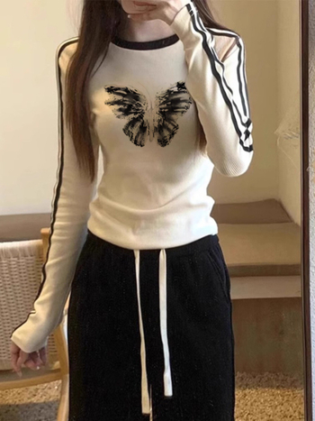 Ženska pamuk majica s dugim rukavima, okrugli izrez, print s anime tekstom, šivani detalji, slim fit, jesen 2025