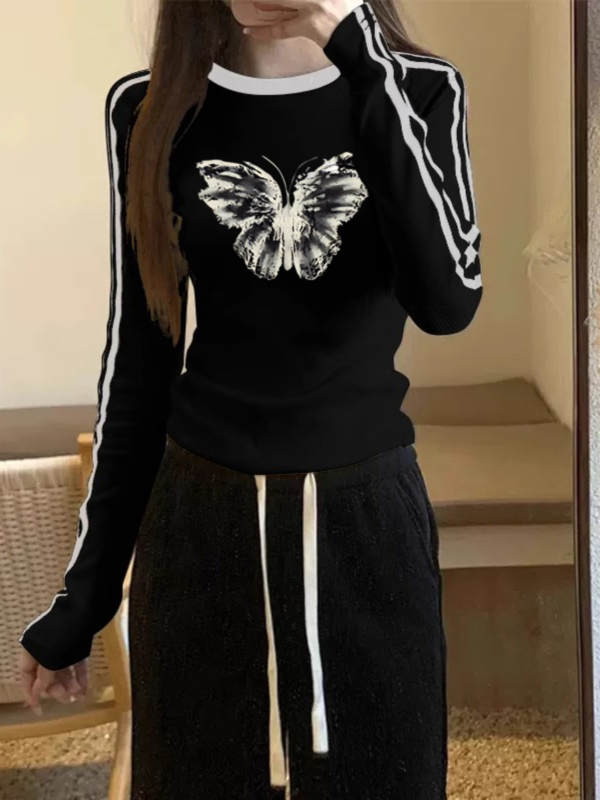 Ženska pamuk majica s dugim rukavima, okrugli izrez, print s anime tekstom, šivani detalji, slim fit, jesen 2025