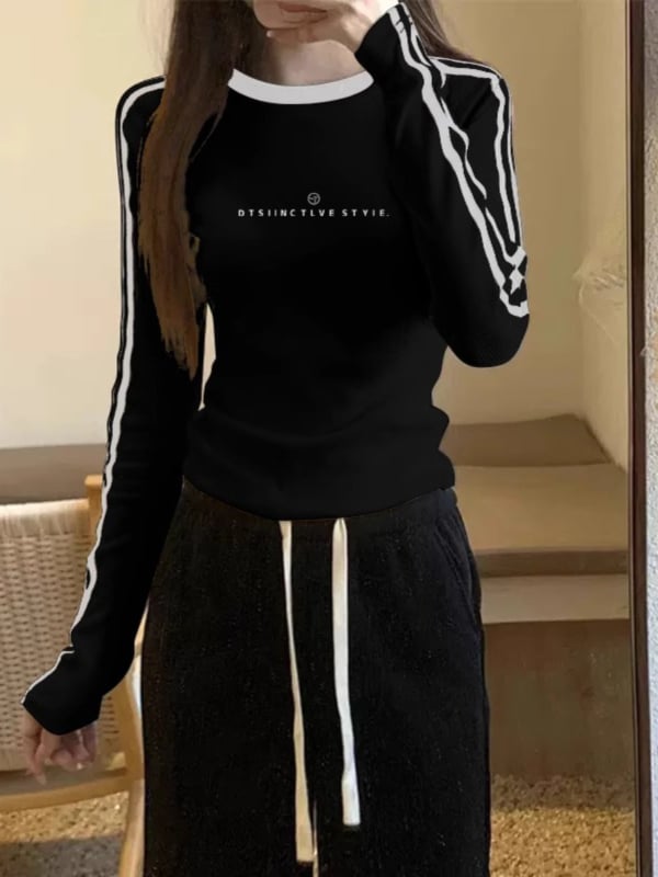 Ženska pamuk majica s dugim rukavima, okrugli izrez, print s anime tekstom, šivani detalji, slim fit, jesen 2025