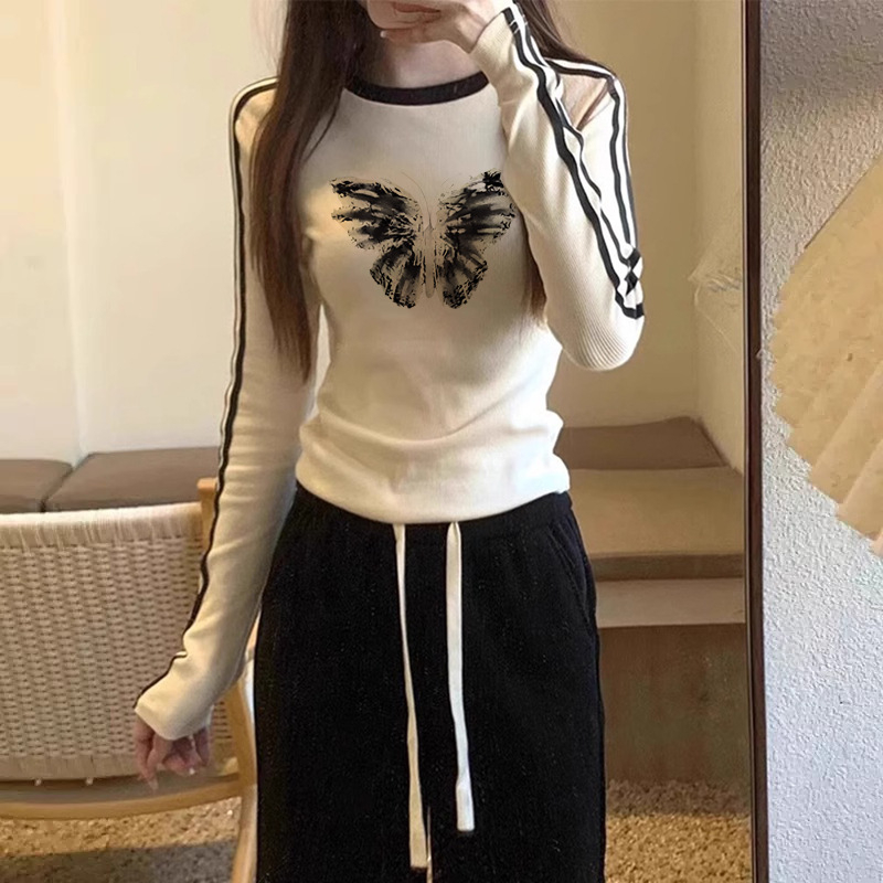 Ženska pamuk majica s dugim rukavima, okrugli izrez, print s anime tekstom, šivani detalji, slim fit, jesen 2025