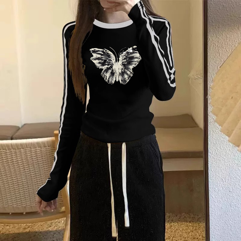 Ženska pamuk majica s dugim rukavima, okrugli izrez, print s anime tekstom, šivani detalji, slim fit, jesen 2025