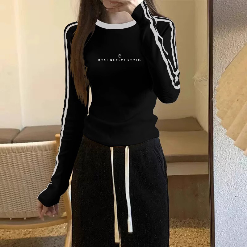 Ženska pamuk majica s dugim rukavima, okrugli izrez, print s anime tekstom, šivani detalji, slim fit, jesen 2025