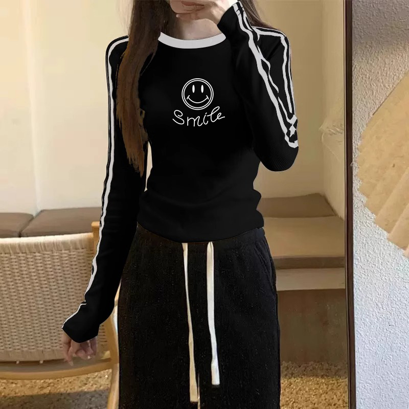 Ženska pamuk majica s dugim rukavima, okrugli izrez, print s anime tekstom, šivani detalji, slim fit, jesen 2025