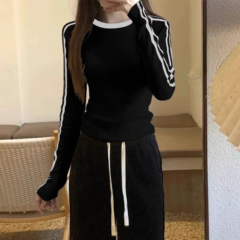 Ženska pamuk majica s dugim rukavima, okrugli izrez, print s anime tekstom, šivani detalji, slim fit, jesen 2025