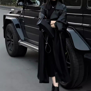 Dirbtinės odos švarkas - korėjiečio stiliaus, kostiumo apykaklė, vidutinio ilgio