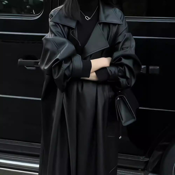 Dirbtinės odos švarkas - korėjiečio stiliaus, kostiumo apykaklė, vidutinio ilgio