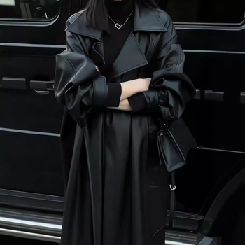 Dirbtinės odos švarkas - korėjiečio stiliaus, kostiumo apykaklė, vidutinio ilgio