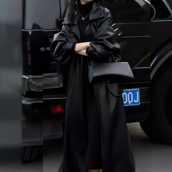 Dirbtinės odos švarkas - korėjiečio stiliaus, kostiumo apykaklė, vidutinio ilgio