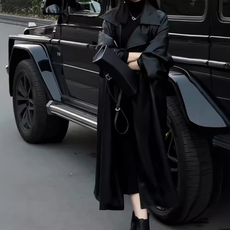 Dirbtinės odos švarkas - korėjiečio stiliaus, kostiumo apykaklė, vidutinio ilgio