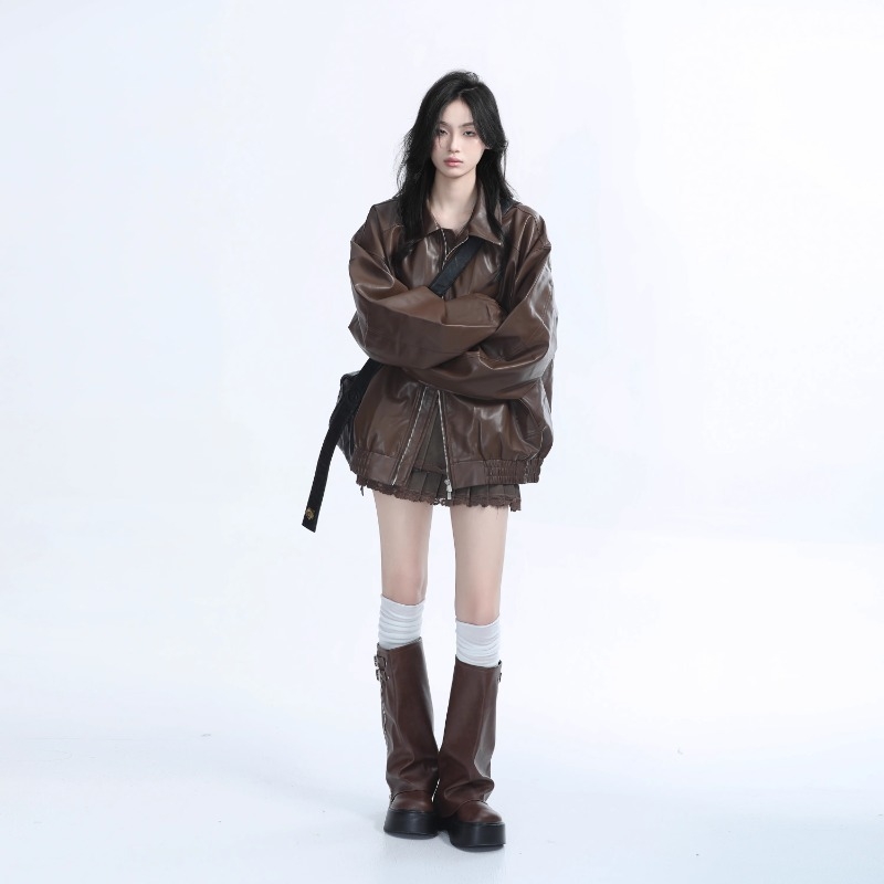 Sieviešu PU ādas jaka ar pildījumu, Polo apkakle, rāvējslēdzējs priekšā, garas piedurknes, brīvs piegriezums