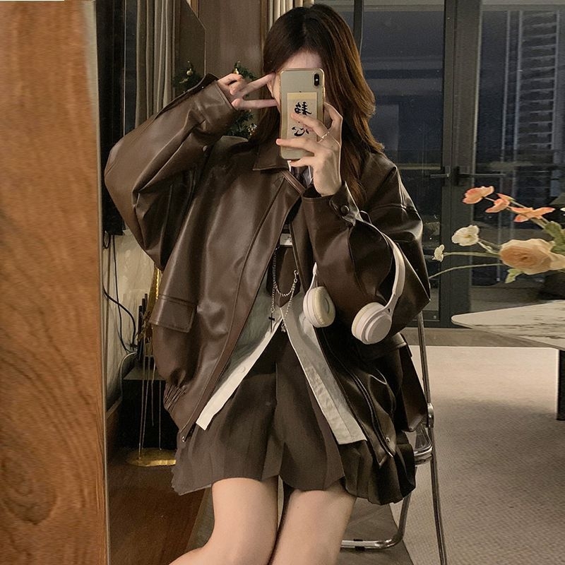 PU dirbtinės odos moteriška striukė, koledžo stilius, užtrauktukas, ilgos rankovės, apykaklė