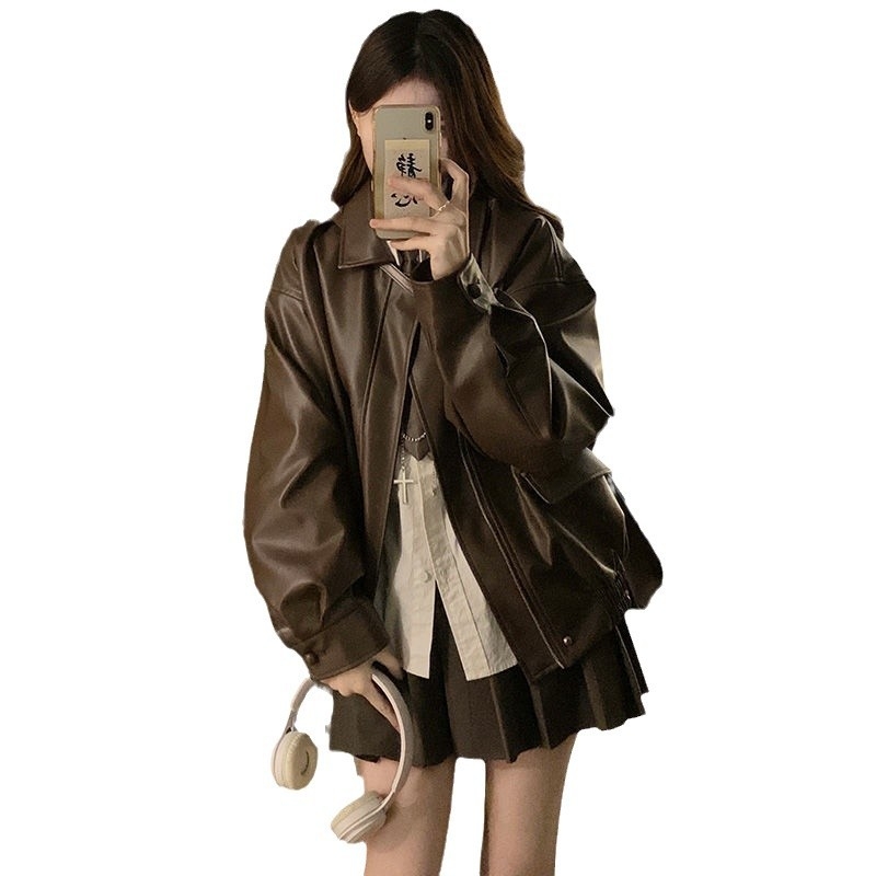 PU dirbtinės odos moteriška striukė, koledžo stilius, užtrauktukas, ilgos rankovės, apykaklė