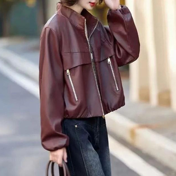 Moteriška faux odos striukė su stovinčiu apykakle, užtrauktukas, siauras kirpimas, ilgomis rankovėmis