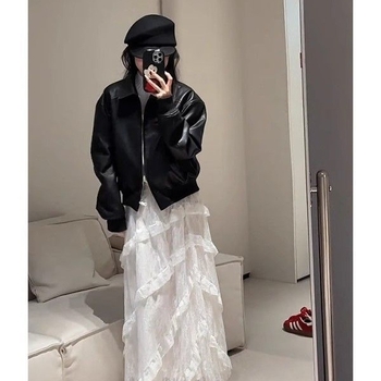 Moteriška dirbtinės odos striukė, užtrauktukas, kvadratinė apykaklė, ilgos rankovės, spandekso mišinys