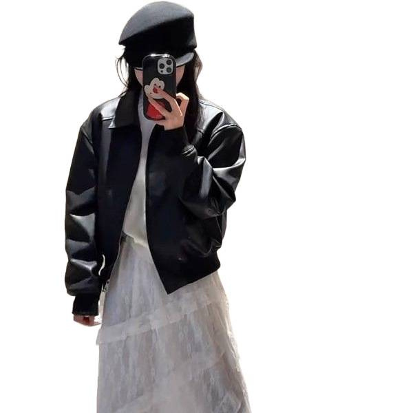 Moteriška dirbtinės odos striukė, užtrauktukas, kvadratinė apykaklė, ilgos rankovės, spandekso mišinys