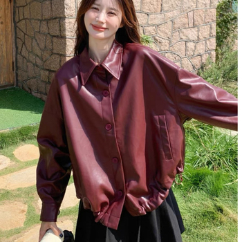 PU кожено яке за жени, свободна кройка, Turn-down яка, предно pull-over закриване, 2025 есен-зима