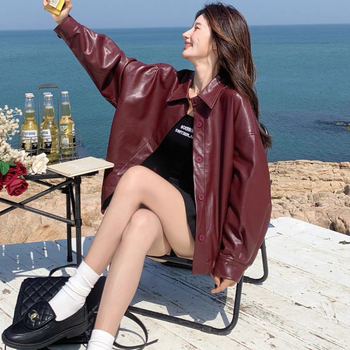 PU кожено яке за жени, свободна кройка, Turn-down яка, предно pull-over закриване, 2025 есен-зима