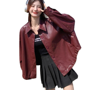 PU кожено яке за жени, свободна кройка, Turn-down яка, предно pull-over закриване, 2025 есен-зима