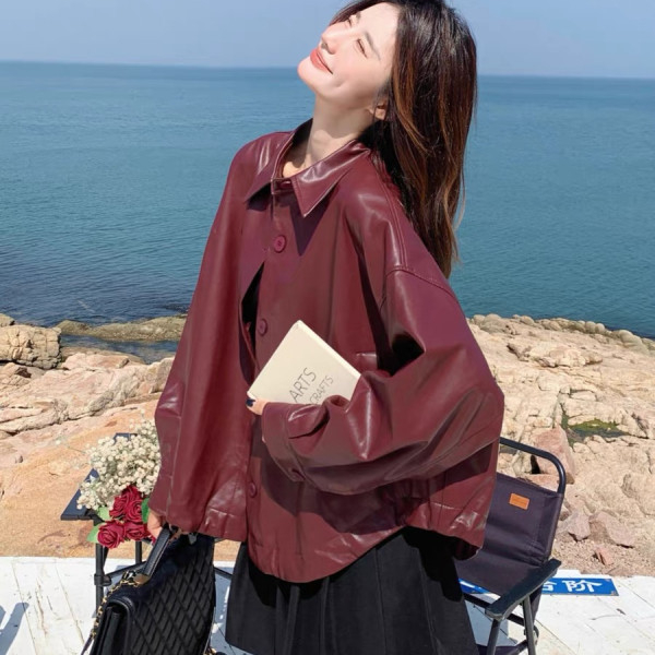 PU кожено яке за жени, свободна кройка, Turn-down яка, предно pull-over закриване, 2025 есен-зима