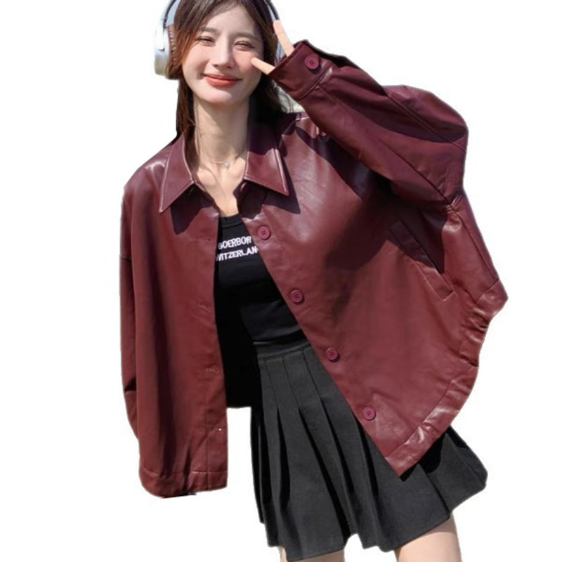 PU кожено яке за жени, свободна кройка, Turn-down яка, предно pull-over закриване, 2025 есен-зима