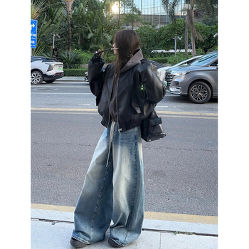 Ženska PU kožna jakna, gradski stil, dugi lepršavi rukavi, ovratnik baseball s zatvaračem, duljina 50–65 cm