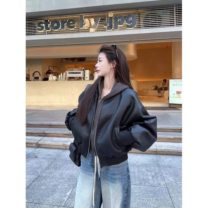 Ženska PU kožna jakna, gradski stil, dugi lepršavi rukavi, ovratnik baseball s zatvaračem, duljina 50–65 cm