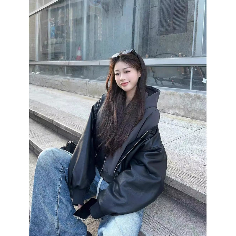 Ženska PU kožna jakna, gradski stil, dugi lepršavi rukavi, ovratnik baseball s zatvaračem, duljina 50–65 cm