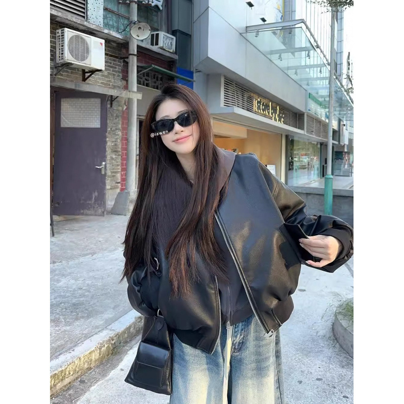 Ženska PU kožna jakna, gradski stil, dugi lepršavi rukavi, ovratnik baseball s zatvaračem, duljina 50–65 cm