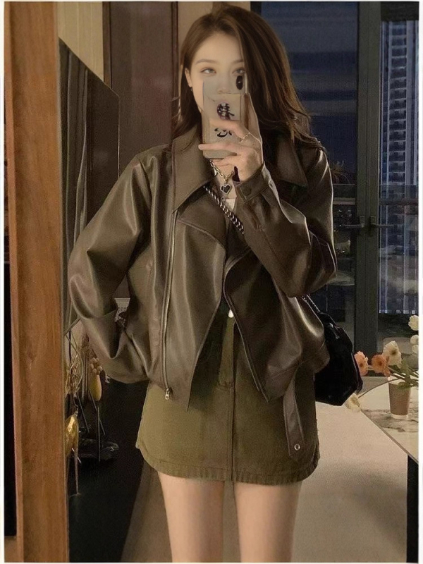 Ženska kratka jakna od umjetne kože, retro stil, s ovratnikom tipa lapel, dugi rukavi, slobodan kroj