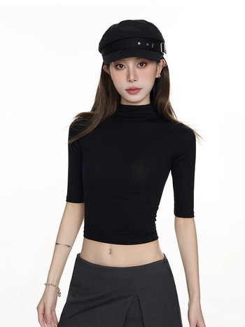 Ženski slim-fit majica s polu-rukavima, mali visoki vrat, kašmir-modal materijal, kratka duljina 40–50 cm