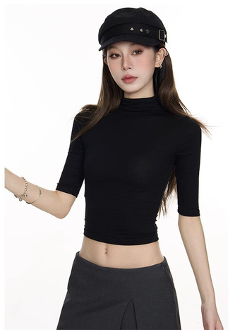 Ženski slim-fit majica s polu-rukavima, mali visoki vrat, kašmir-modal materijal, kratka duljina 40–50 cm