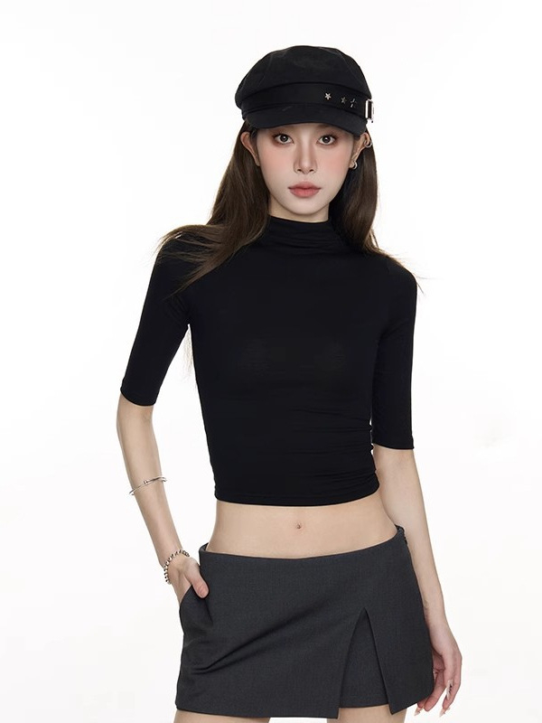 Ženski slim-fit majica s polu-rukavima, mali visoki vrat, kašmir-modal materijal, kratka duljina 40–50 cm