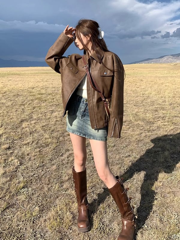 PU kožna jakna, polo ovratnik, A-linijski kroj, zatvaranje na više gumba, elegantan zreli ženski stil