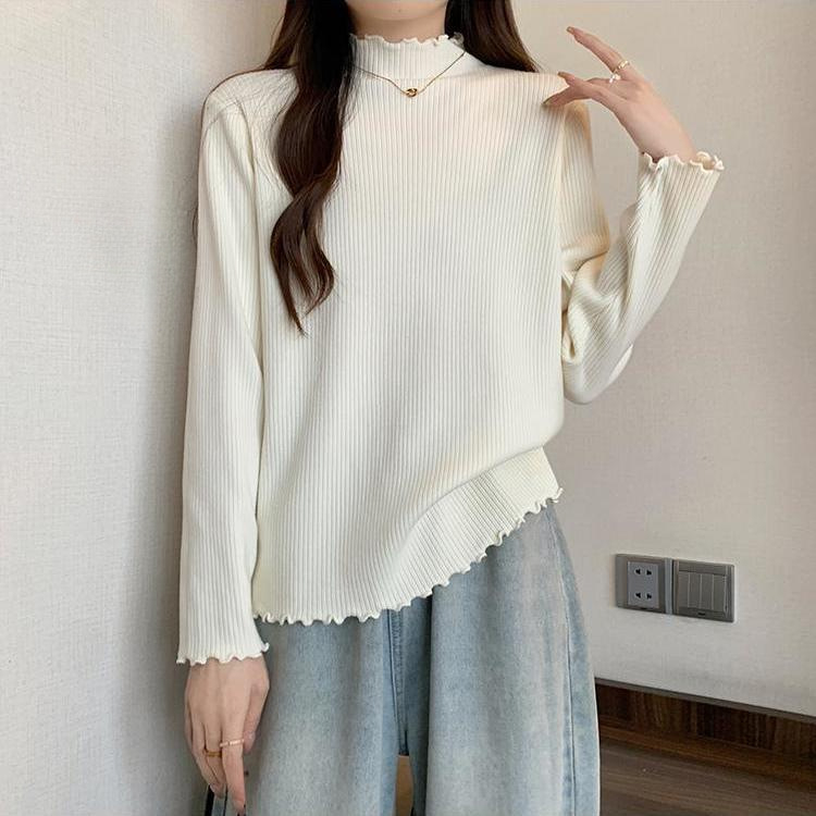 Majica od viskoze s flis podstavom, polu-visoki ovratnik, oversize, dugi rukav