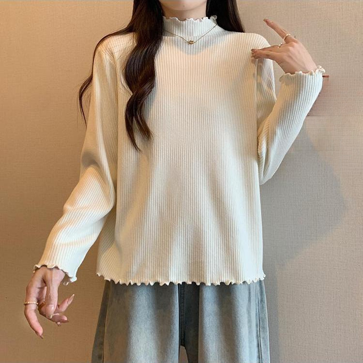 Majica od viskoze s flis podstavom, polu-visoki ovratnik, oversize, dugi rukav