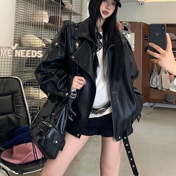 Ženska jakna od umjetne kože, dugi rukavi, standardna duljina 50–65 cm, prednji zip